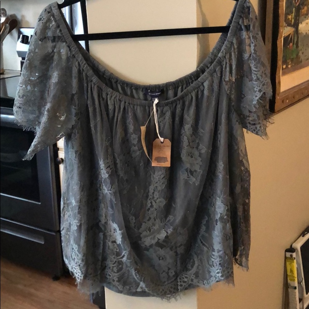 American Eagle Green Lace Off the Shoulder Top